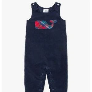 Vineyard Vines Navy Blue Corduroy Coverall with Tartan Plaid Whale. 3-6 months